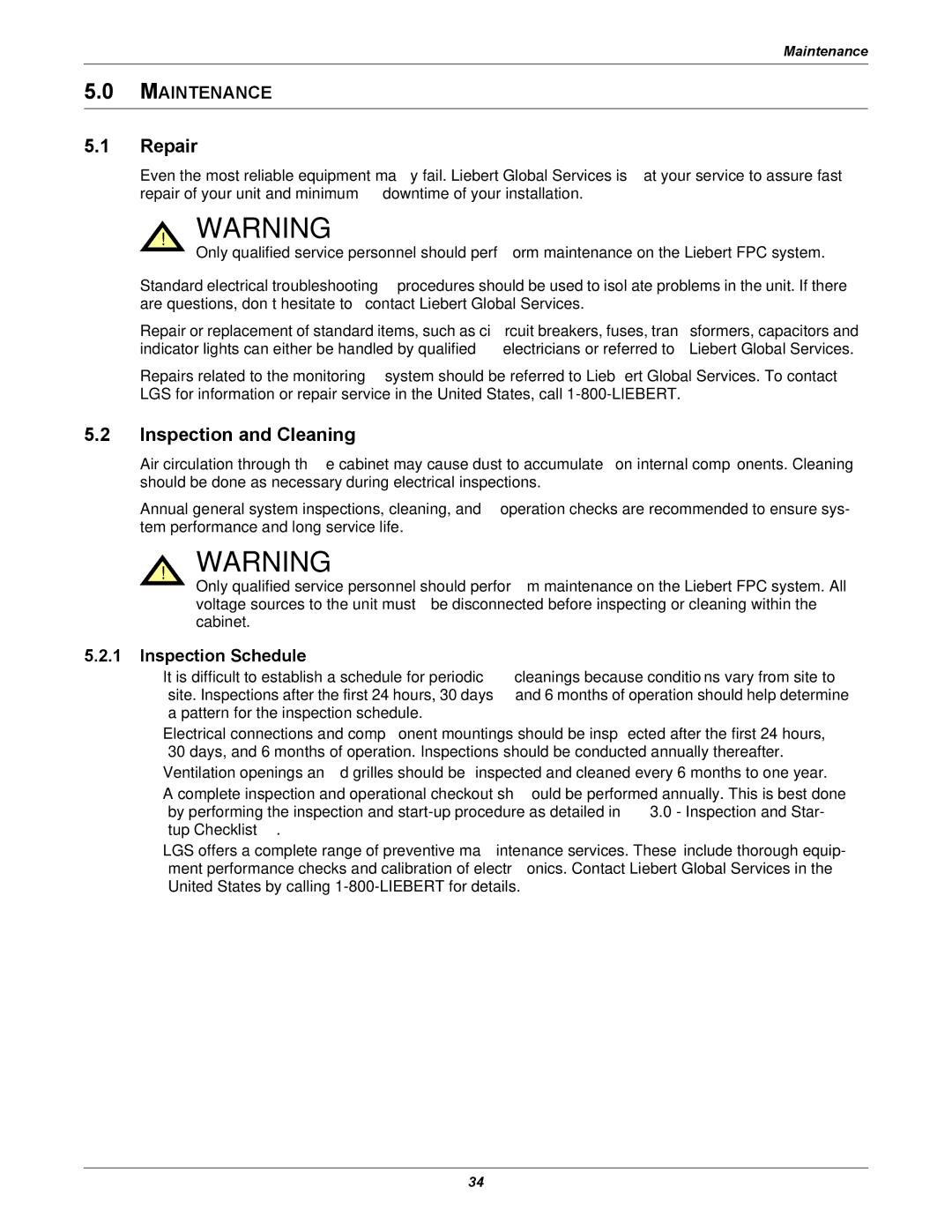 Emerson FPC user manual Repair, Inspection and Cleaning, Inspection Schedule 