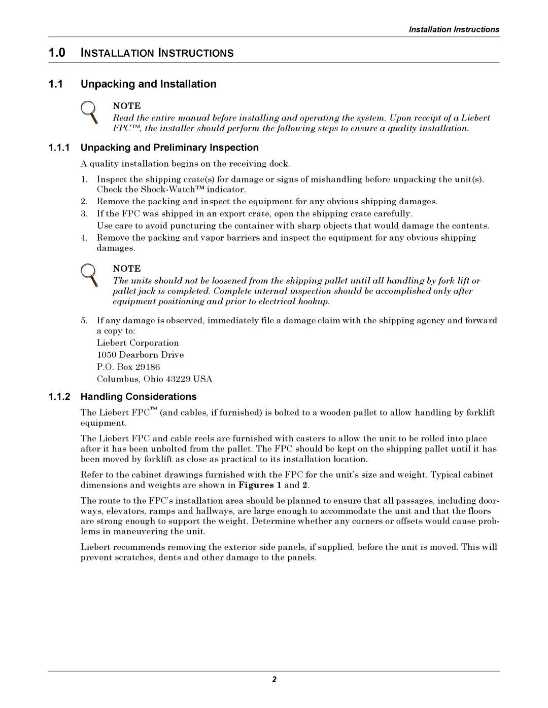 Emerson FPC user manual Unpacking and Installation, Unpacking and Preliminary Inspection, Handling Considerations 