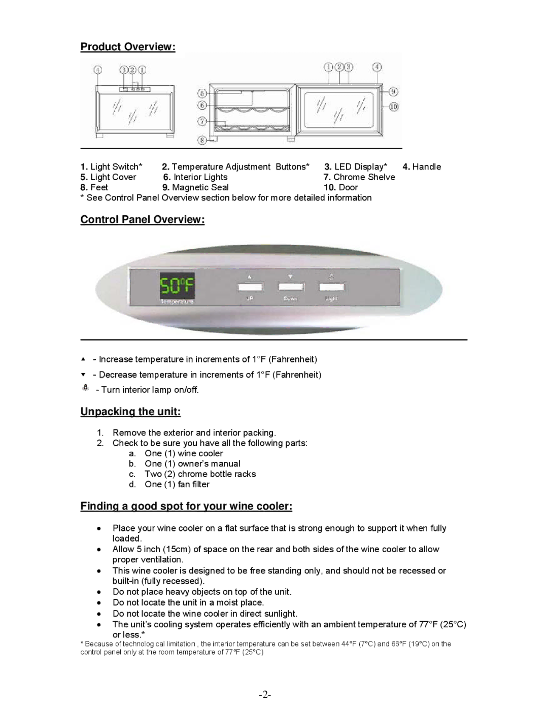 Emerson FR24RD Product Overview, Control Panel Overview, Unpacking the unit, Finding a good spot for your wine cooler 