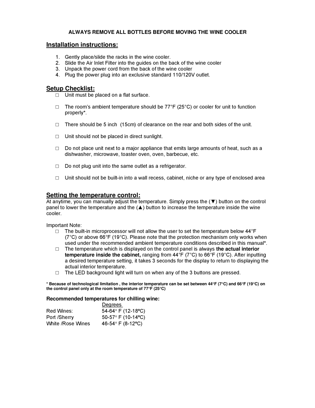 Emerson FR24SL, FR24RD owner manual Installation instructions, Setup Checklist, Setting the temperature control 