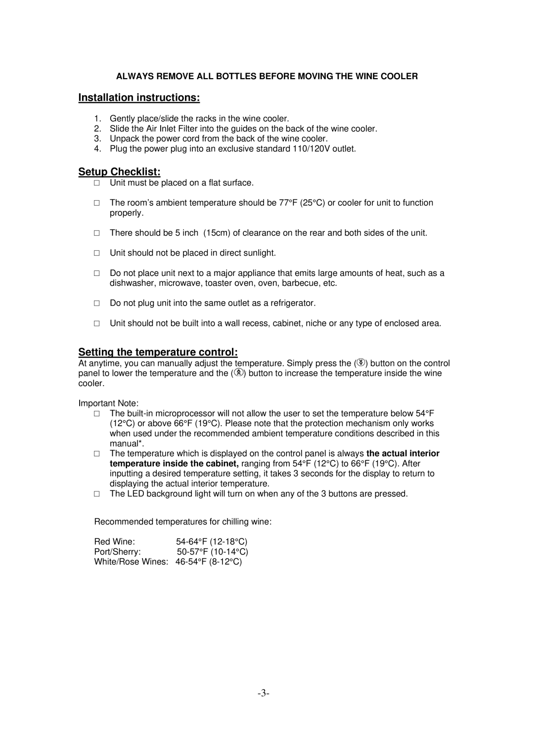 Emerson FR966 owner manual Installation instructions, Setup Checklist, Setting the temperature control 