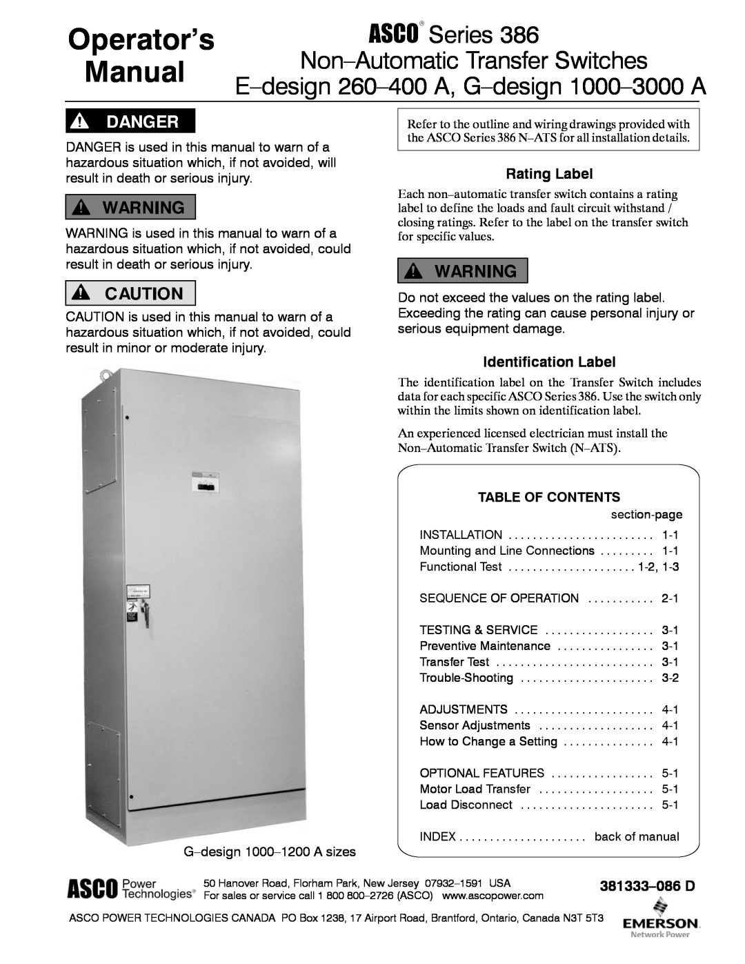 Emerson 386 manual Rating Label, Identification Label, Table Of Contents, 381333-086D, Operator’s Manual 