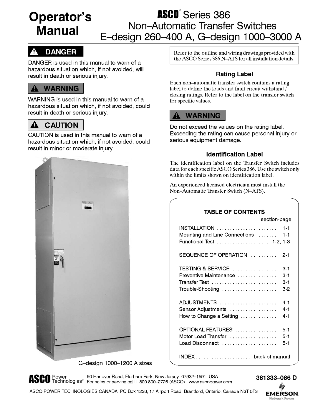 Emerson 386, GDESIGN 10003000 A manual Rating Label, Identification Label, Table of Contents 