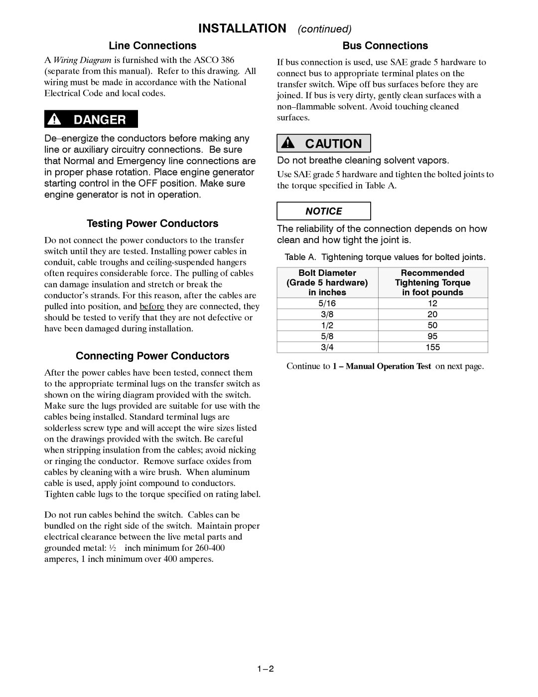 Emerson GDESIGN 10003000 A, 386 Line Connections, Bus Connections, Testing Power Conductors, Connecting Power Conductors 