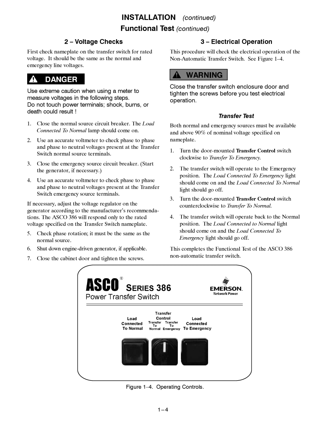 Emerson GDESIGN 10003000 A, 386 manual Voltage Checks, Electrical Operation 