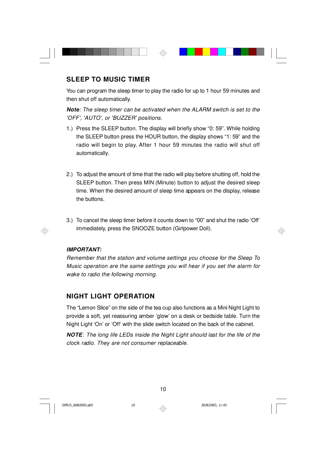 Emerson GP815 owner manual Sleep to Music Timer, Night Light Operation 