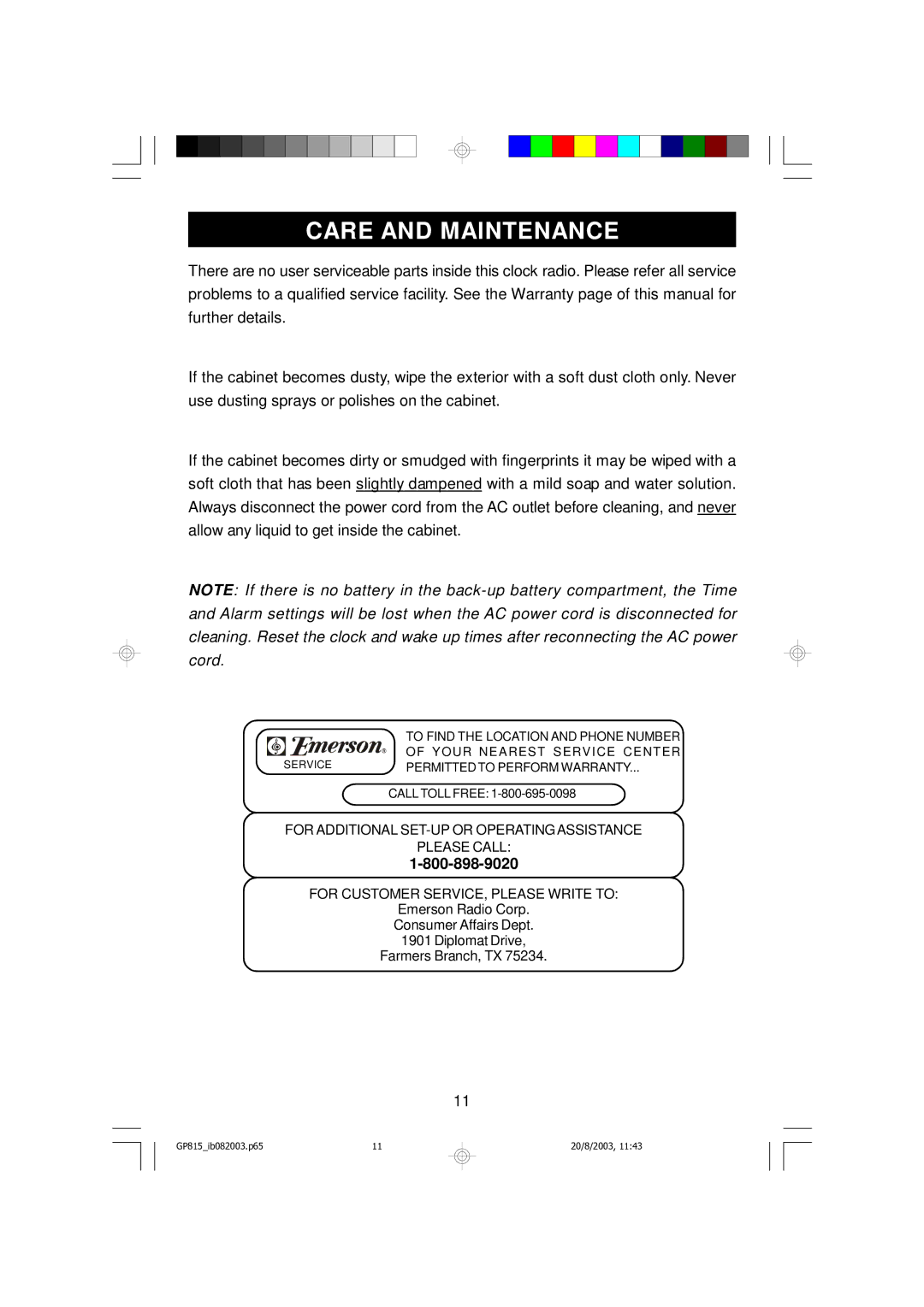 Emerson GP815 owner manual Care and Maintenance 