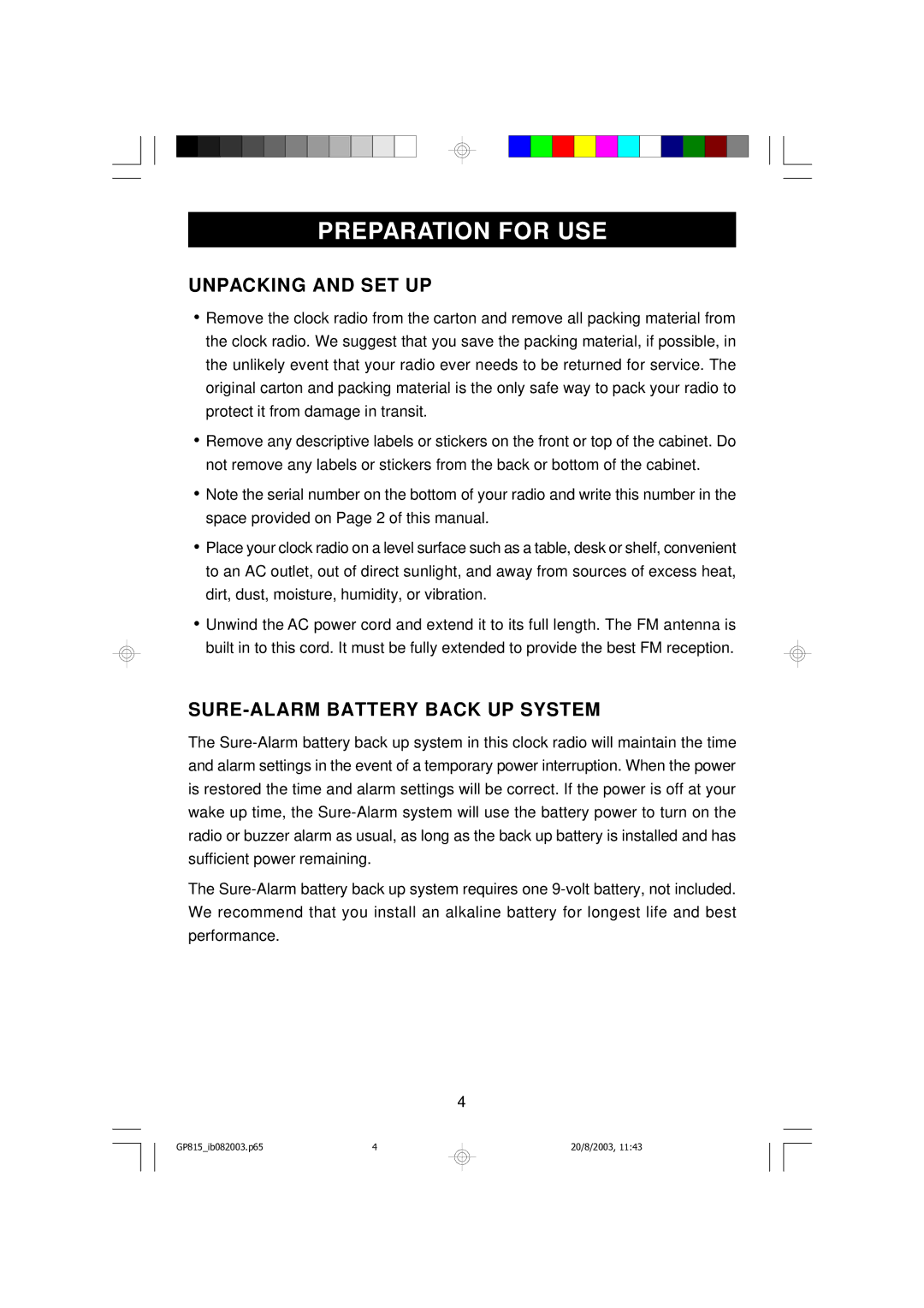 Emerson GP815 owner manual Preparation for USE, Unpacking and SET UP, SURE-ALARM Battery Back UP System 