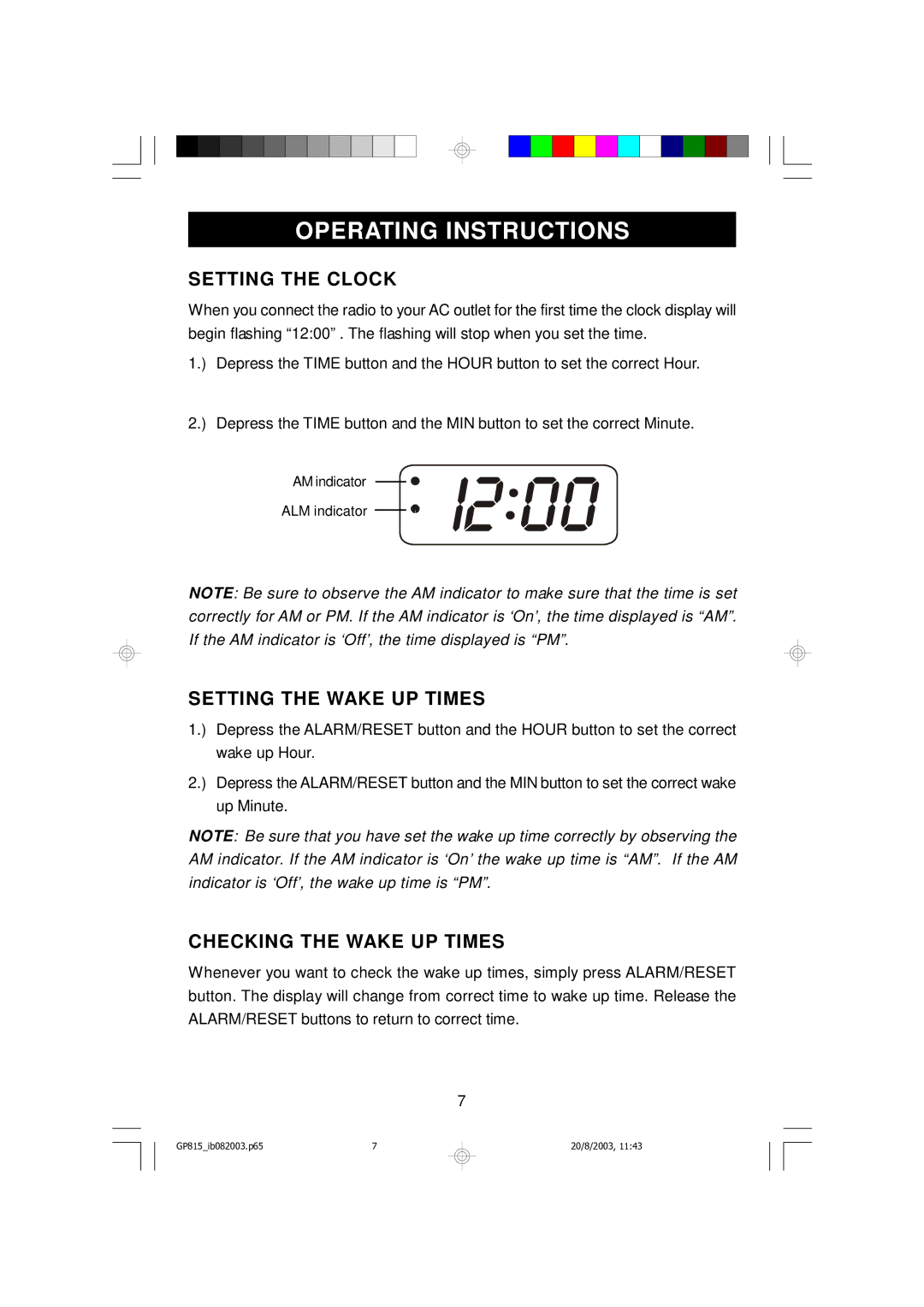 Emerson GP815 owner manual Operating Instructions, Setting the Clock, Setting the Wake UP Times, Checking the Wake UP Times 