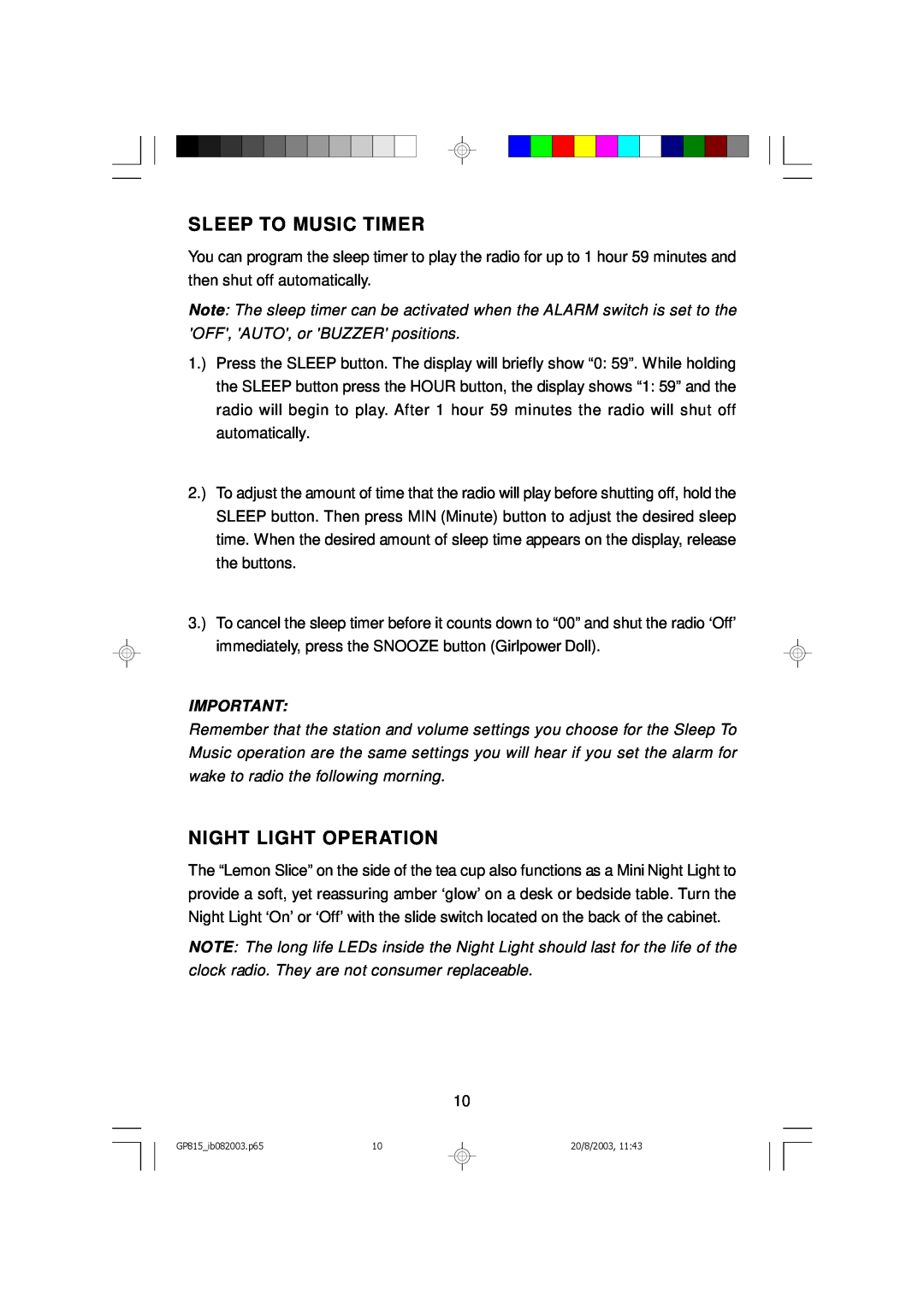 Emerson GP815 owner manual Sleep To Music Timer, Night Light Operation 