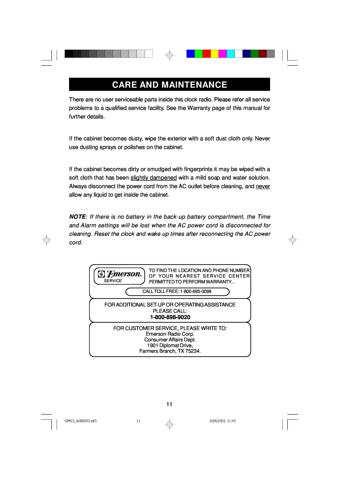 Emerson GP815 owner manual Care And Maintenance, For Additional Set-Up Or Operating Assistance Please Call 