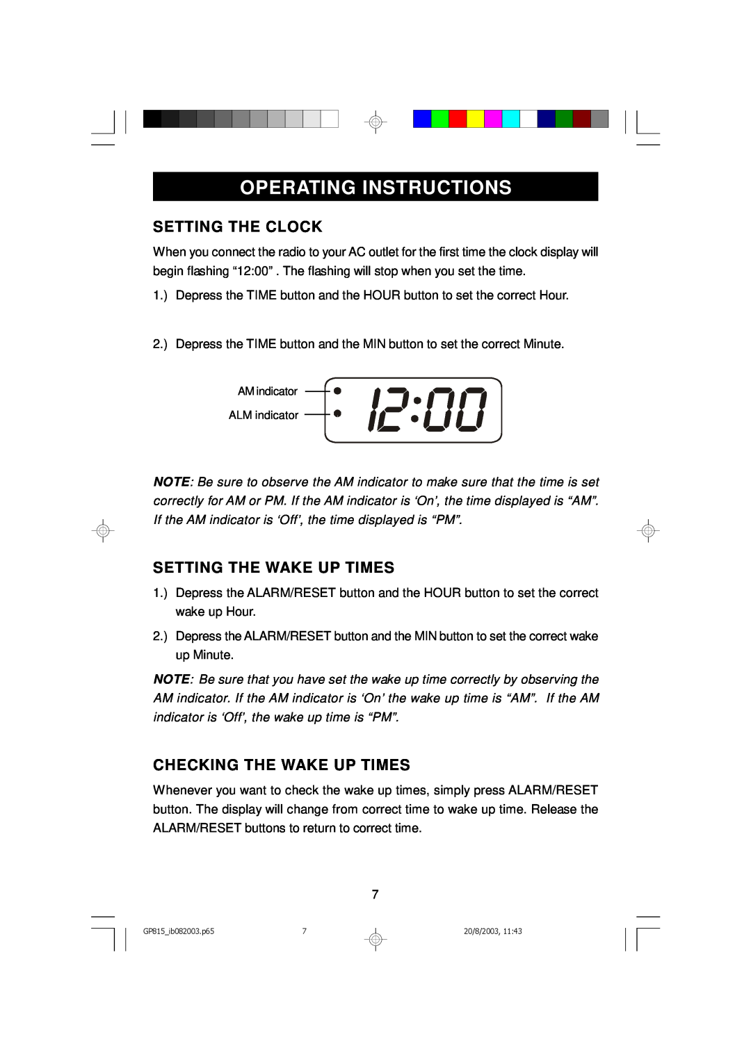 Emerson GP815 owner manual Operating Instructions, Setting The Clock, Setting The Wake Up Times, Checking The Wake Up Times 