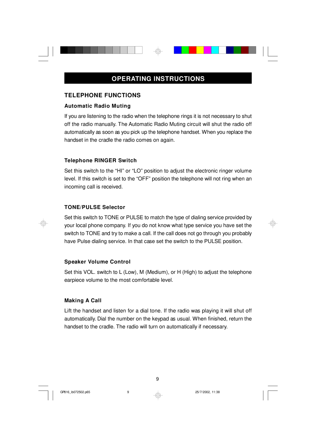 Emerson GP816 owner manual Operating Instructions, Telephone Functions 