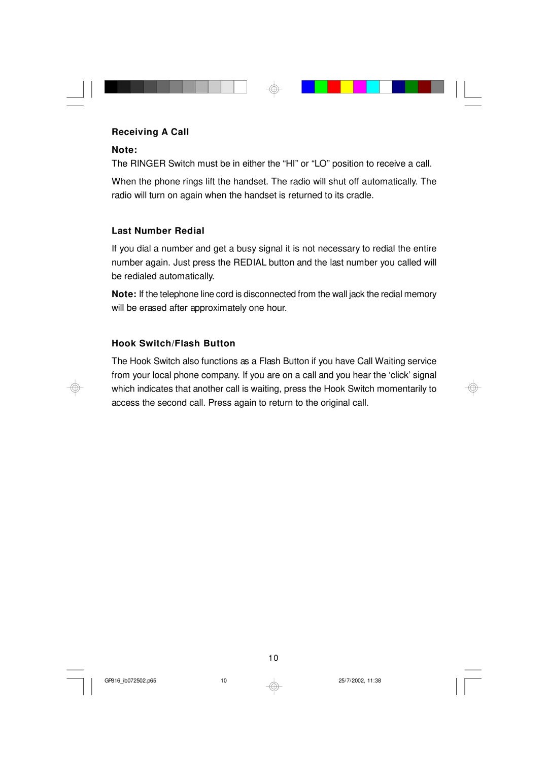 Emerson GP816 owner manual Receiving a Call, Last Number Redial, Hook Switch/Flash Button 