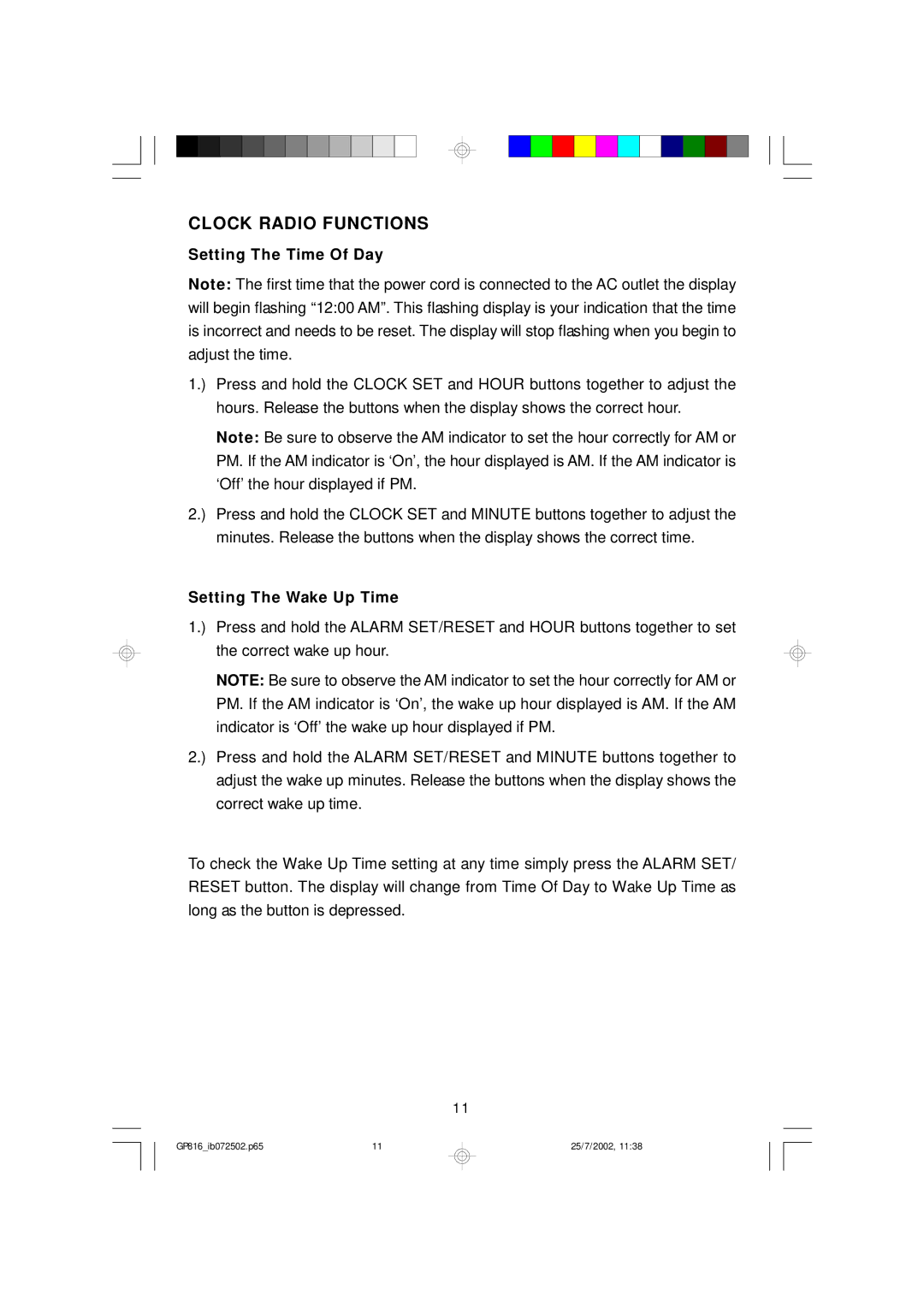 Emerson GP816 owner manual Clock Radio Functions, Setting The Time Of Day, Setting The Wake Up Time 