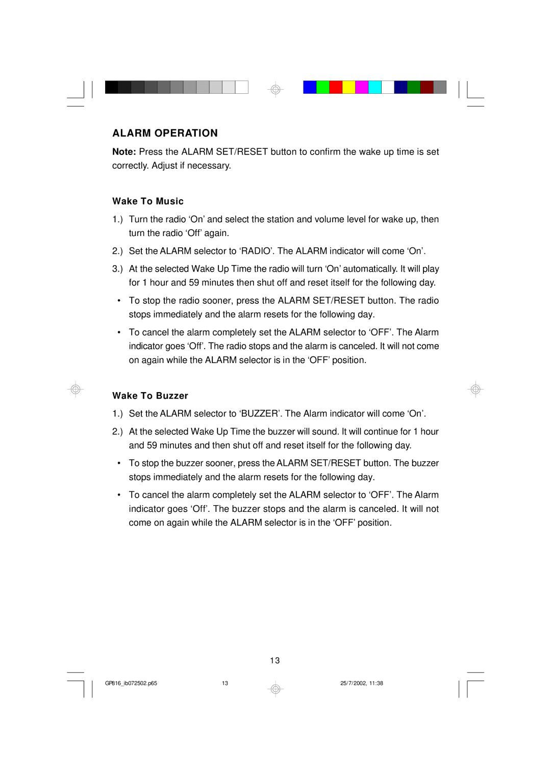 Emerson GP816 owner manual Alarm Operation, Wake To Music, Wake To Buzzer 