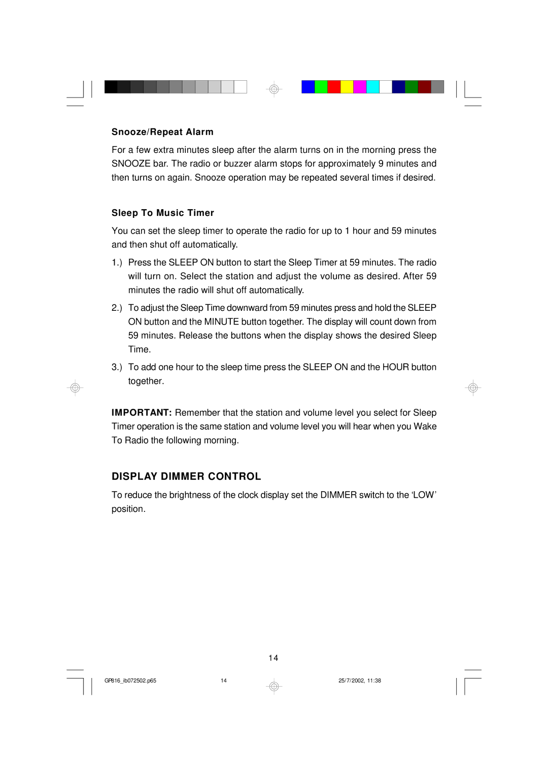 Emerson GP816 owner manual Display Dimmer Control, Snooze/Repeat Alarm, Sleep To Music Timer 