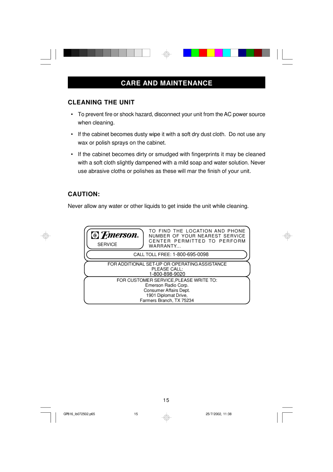 Emerson GP816 owner manual Care and Maintenance, Cleaning the Unit 