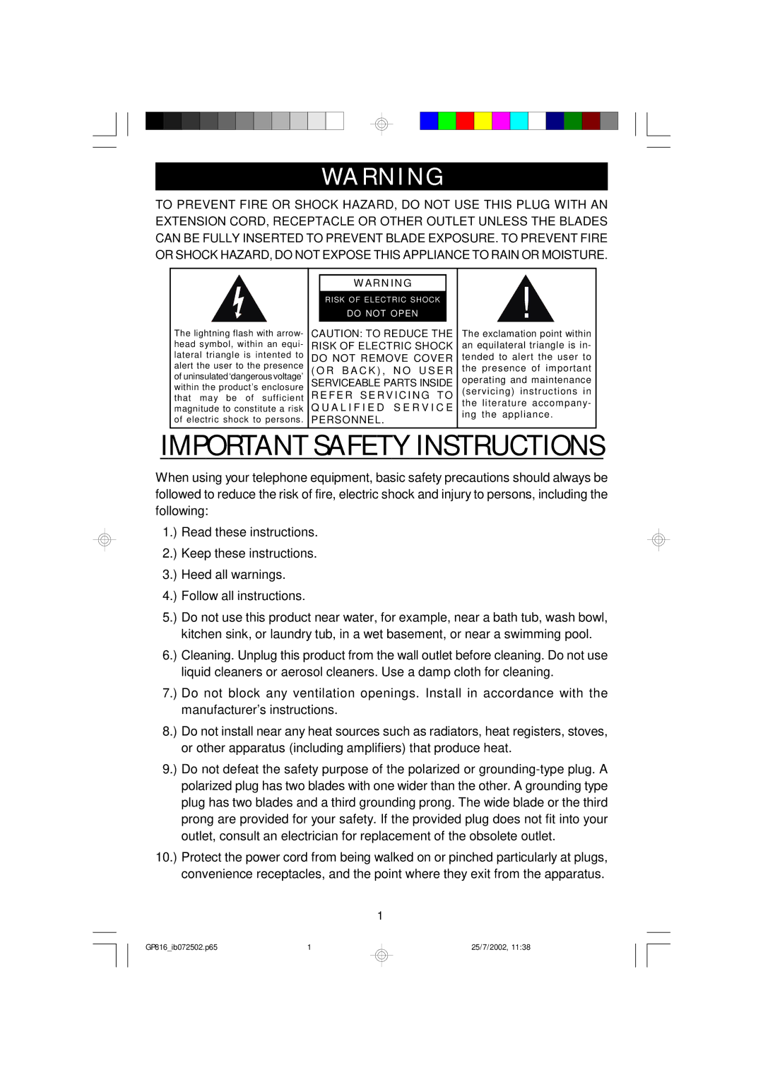 Emerson GP816 owner manual Important Safety Instructions 