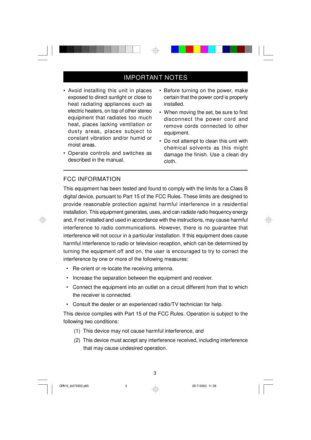 Emerson GP816 owner manual Important Notes, FCC Information 