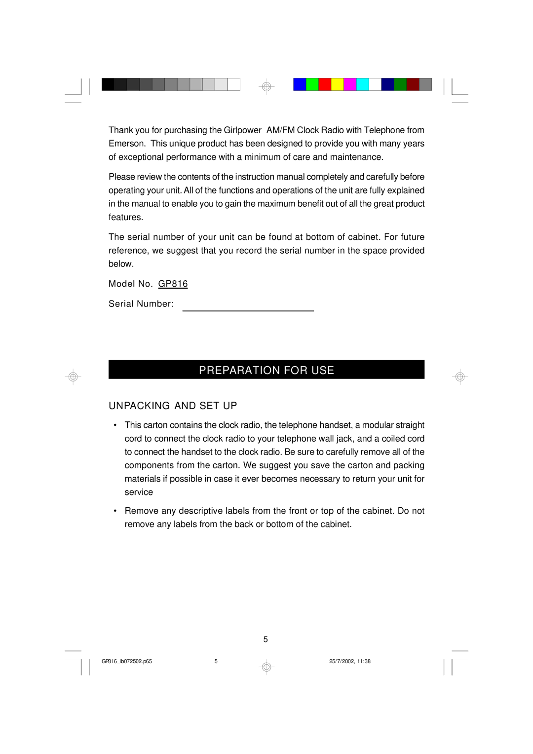 Emerson owner manual Preparation for USE, Unpacking and SET UP, Model No. GP816 Serial Number 