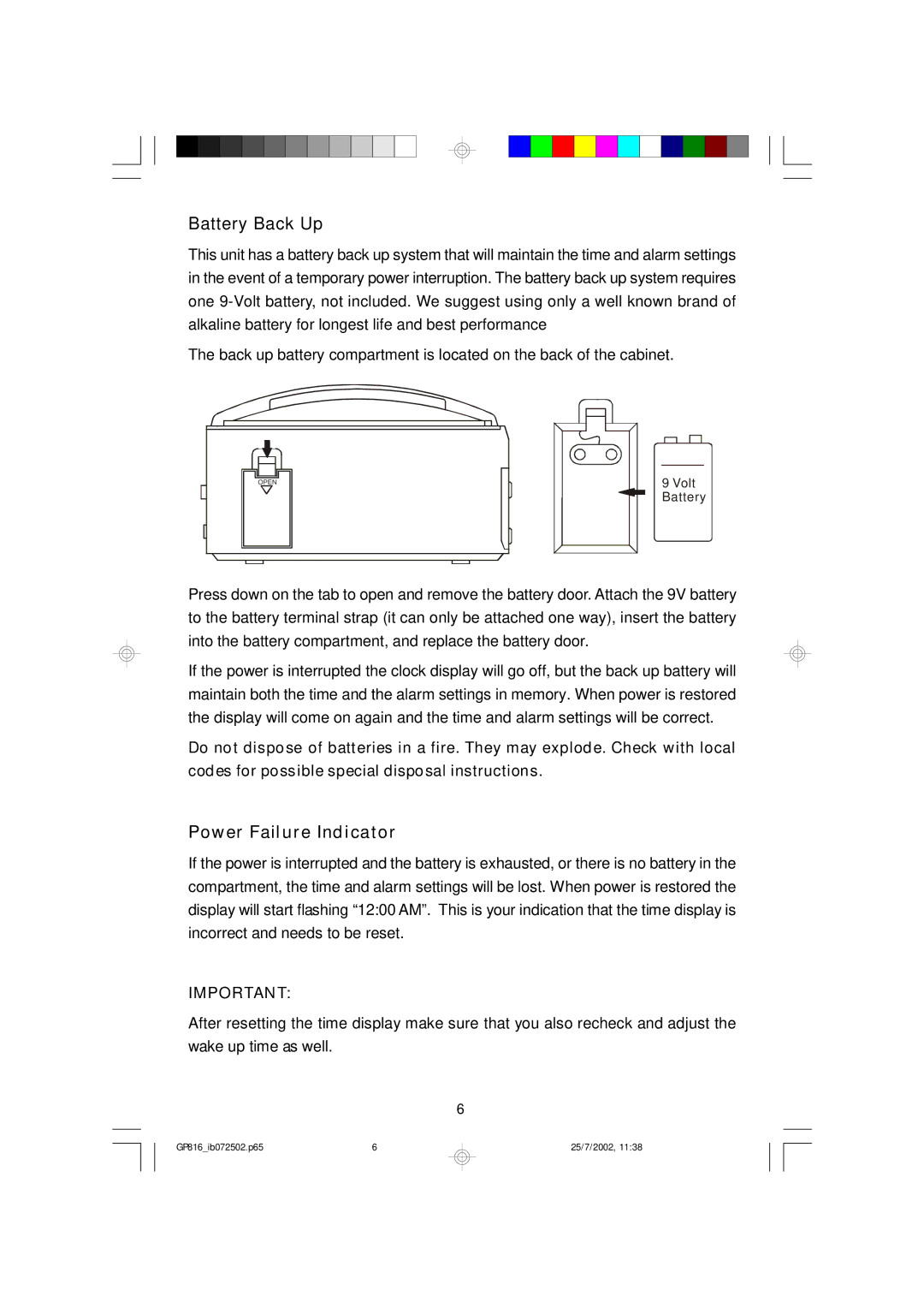 Emerson GP816 owner manual Battery Back Up 