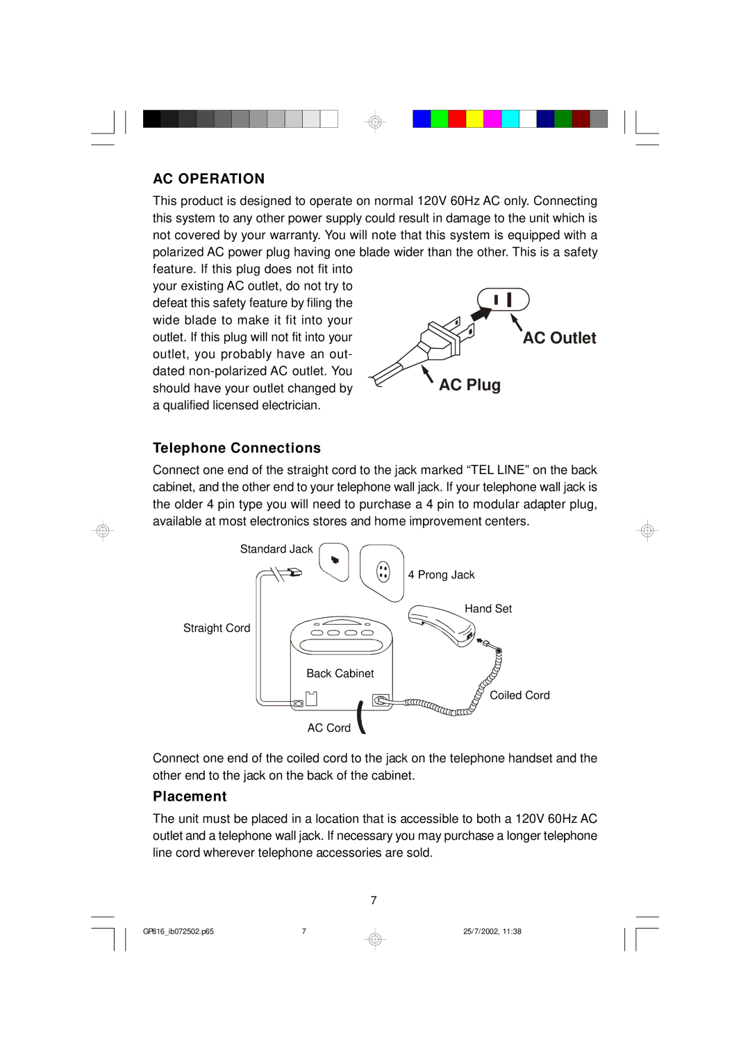 Emerson GP816 owner manual AC Operation, Telephone Connections 