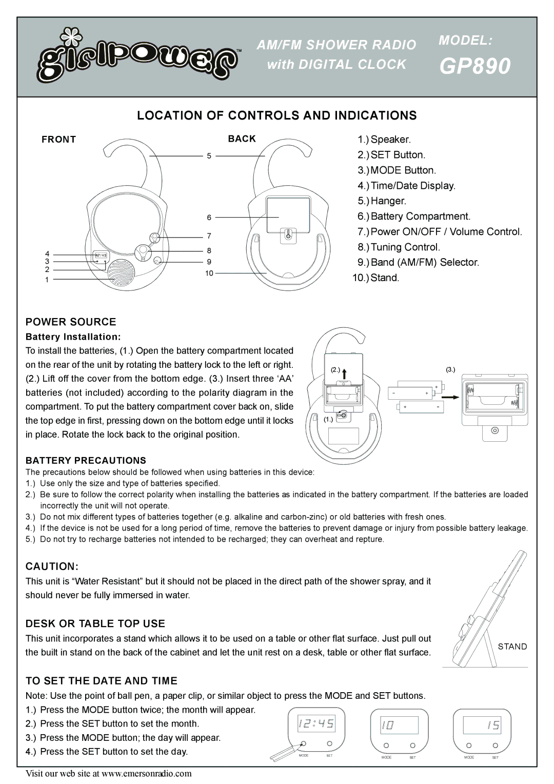 Emerson GP890 manual Power Source, Desk or Table TOP USE, To SET the Date and Time 