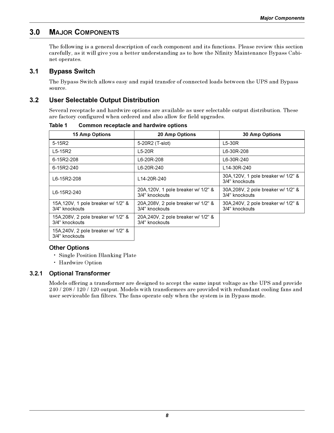 Emerson GXT 10KVA user manual Bypass Switch, User Selectable Output Distribution, Major Components 