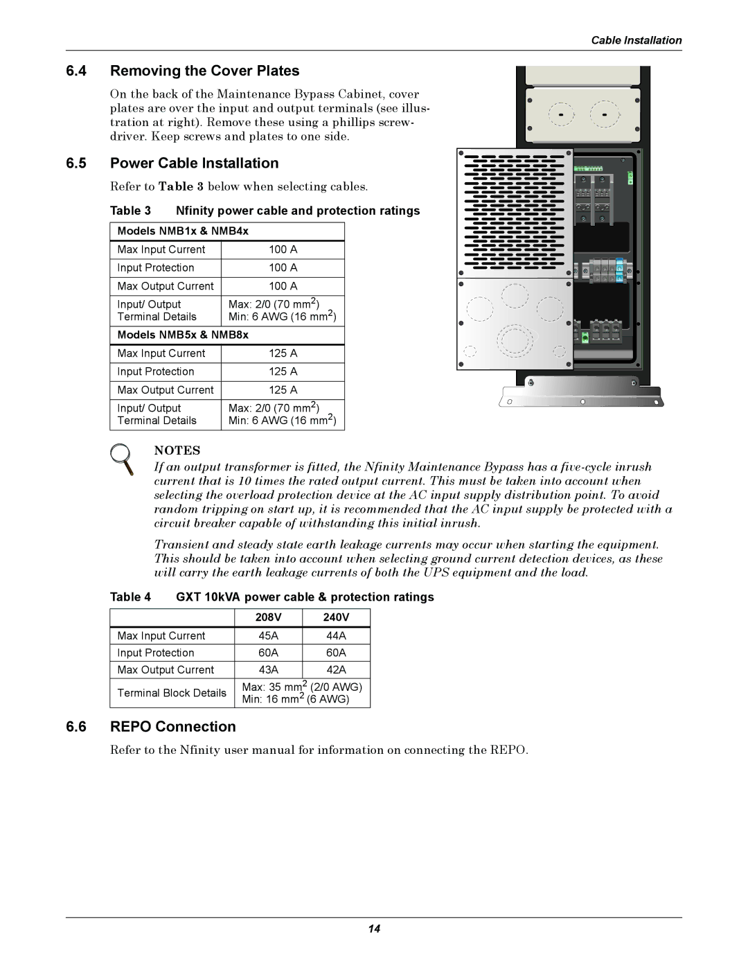 Emerson GXT 10KVA user manual Removing the Cover Plates, Power Cable Installation, Repo Connection 