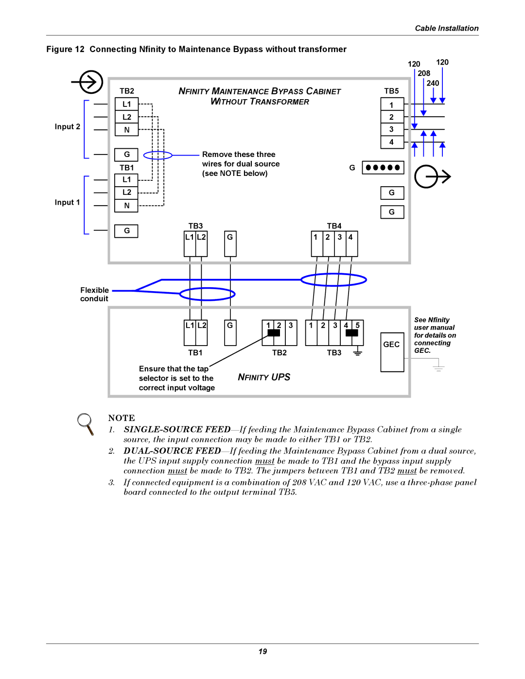 Emerson GXT 10KVA user manual Connecting Nfinity to Maintenance Bypass without transformer 