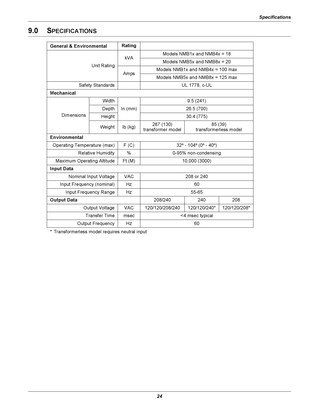 Emerson GXT 10KVA user manual Specifications, General & Environmental Rating 