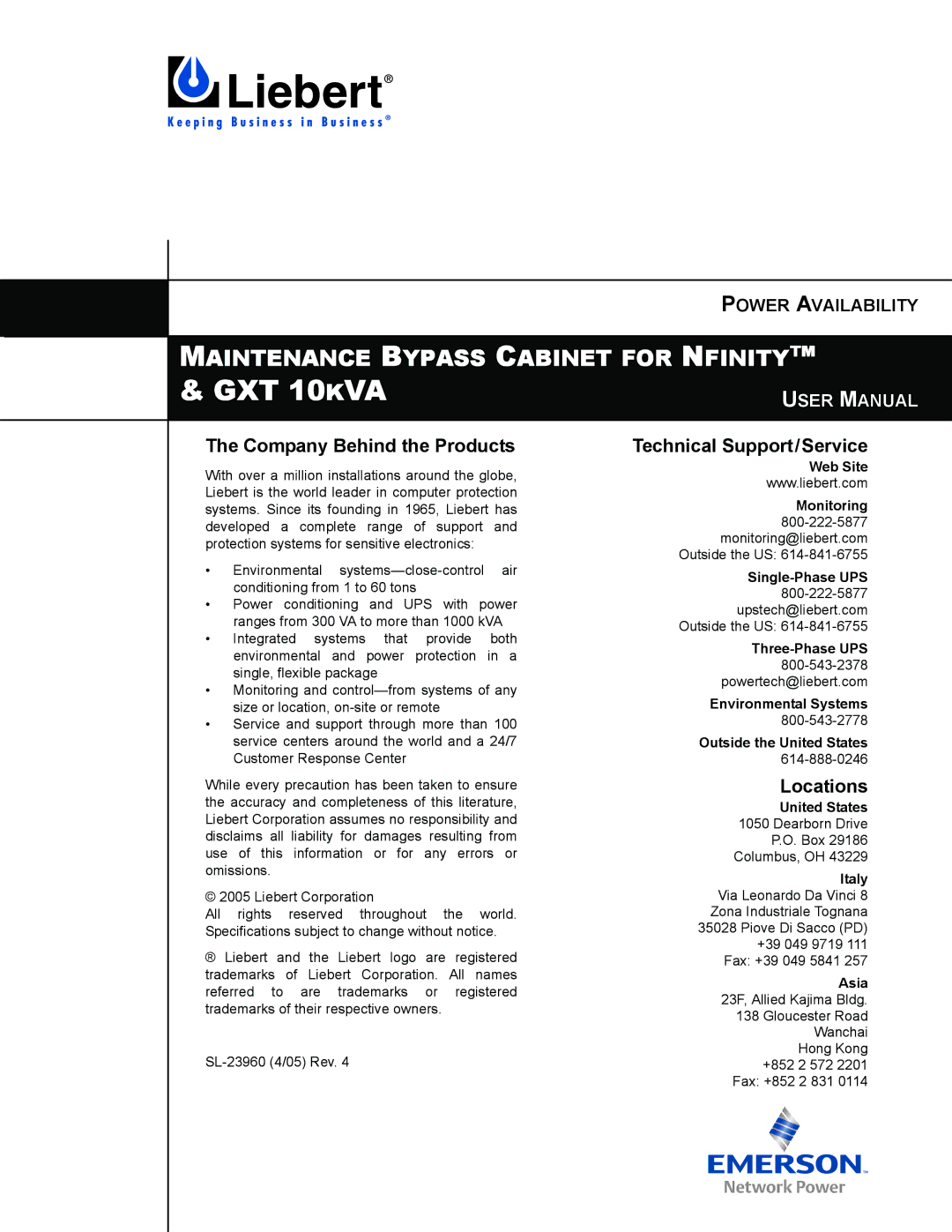 Emerson GXT 10KVA user manual Company Behind the Products, Technical Support/Service, Locations 