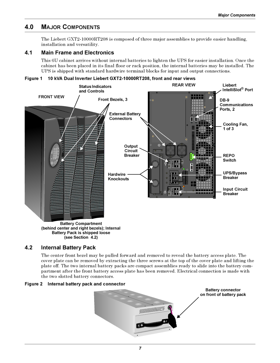 Emerson GXT2-10000RT208 user manual Main Frame and Electronics, Internal Battery Pack, Major Components 