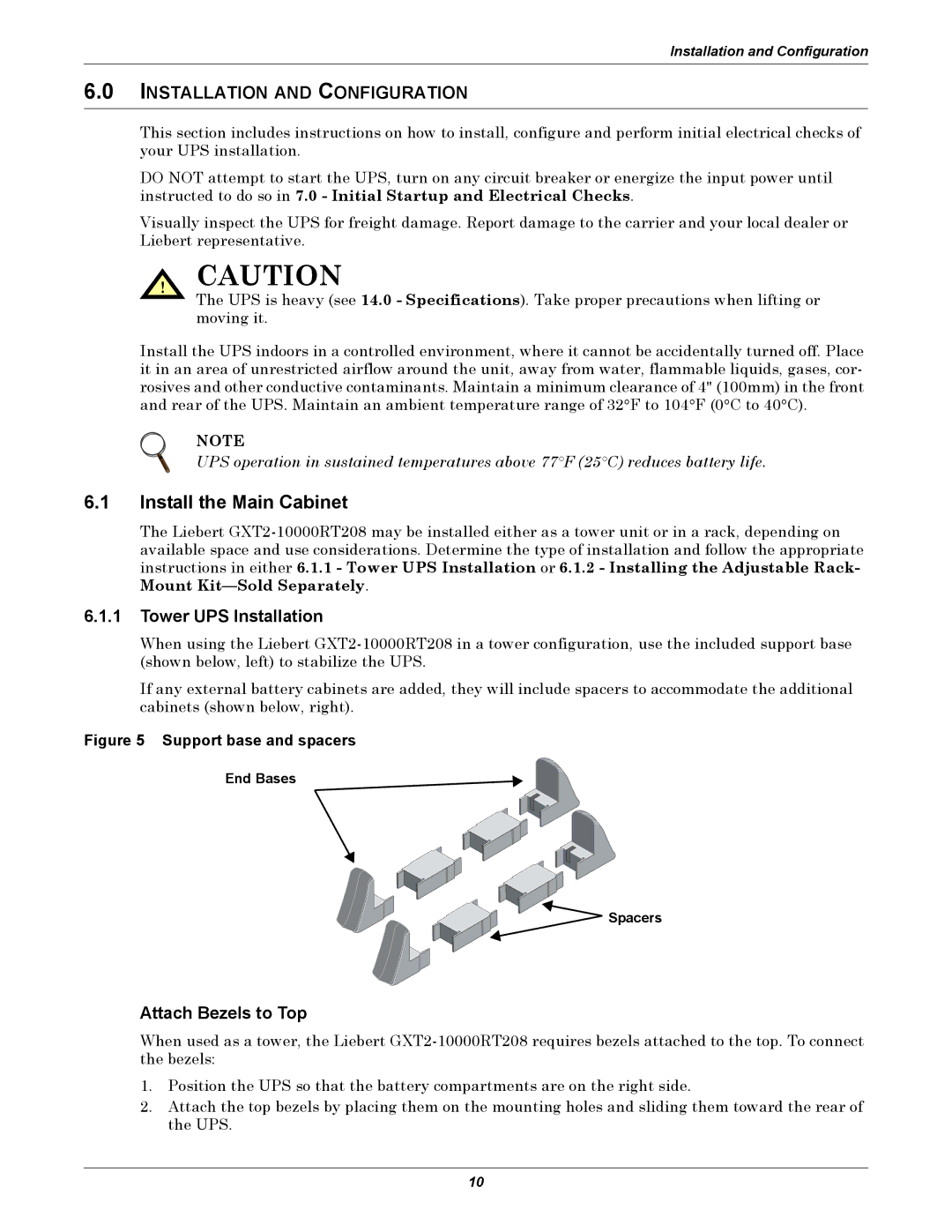 Emerson GXT2-10000RT208 user manual Install the Main Cabinet, Installation and Configuration, Tower UPS Installation 