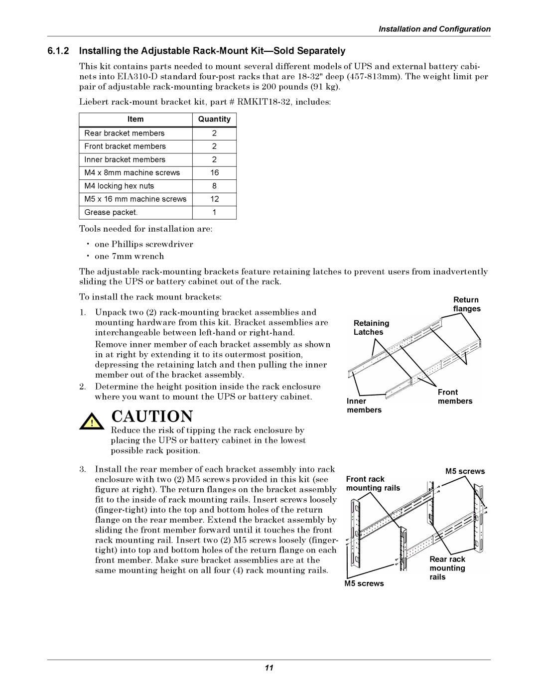 Emerson GXT2-10000RT208 user manual Installing the Adjustable Rack-Mount Kit-Sold Separately, Quantity 