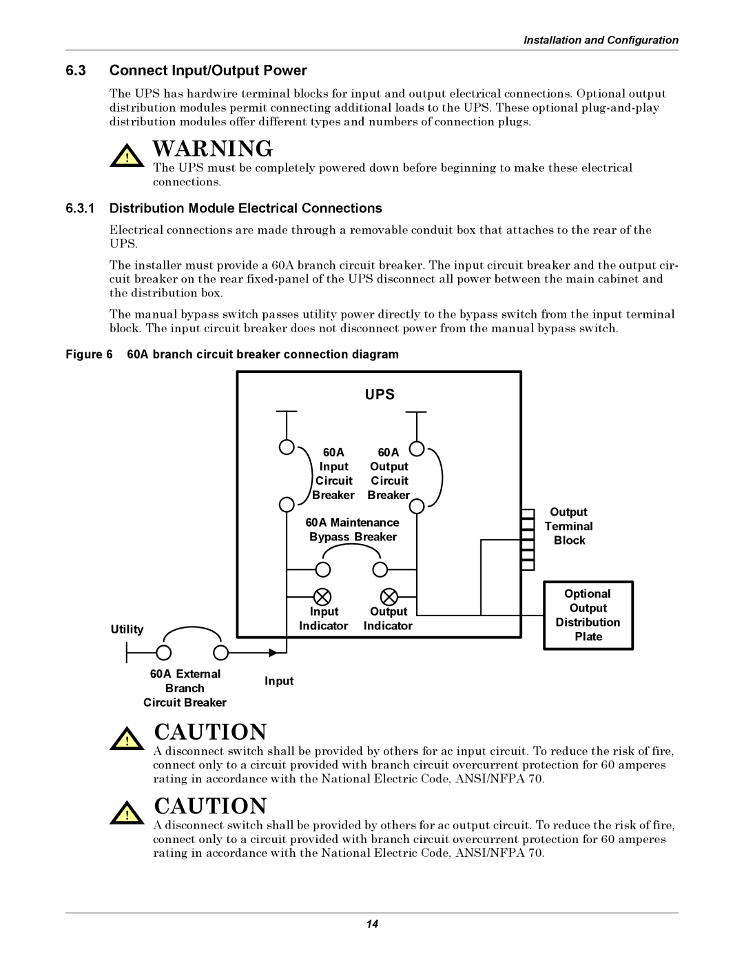 Emerson GXT2-10000RT208 user manual Connect Input/Output Power, Distribution Module Electrical Connections 