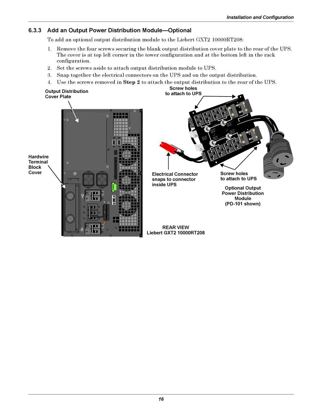 Emerson GXT2-10000RT208 user manual Add an Output Power Distribution Module-Optional, Hardwire Terminal Block Cover 