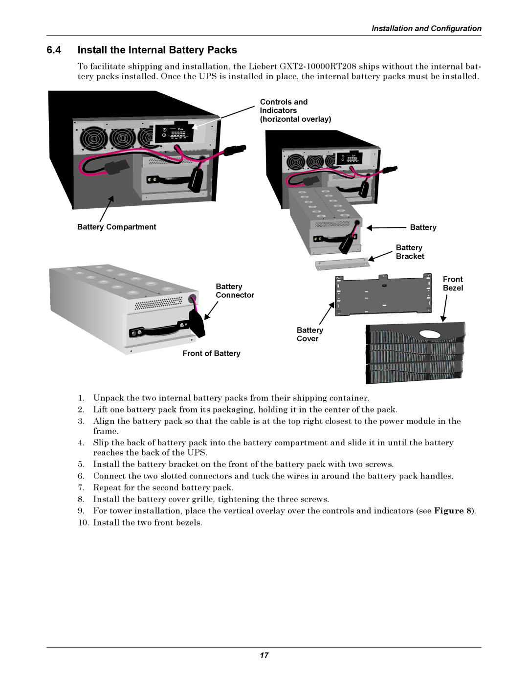 Emerson GXT2-10000RT208 user manual Install the Internal Battery Packs, Controls and Indicators horizontal overlay 