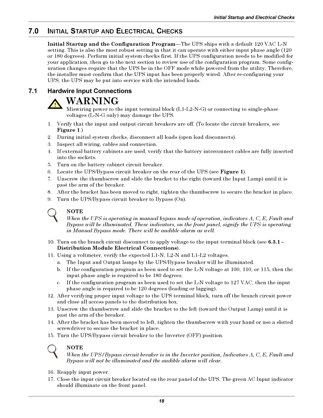 Emerson GXT2-10000RT208 user manual Hardwire Input Connections, Initial Startup and Electrical Checks 