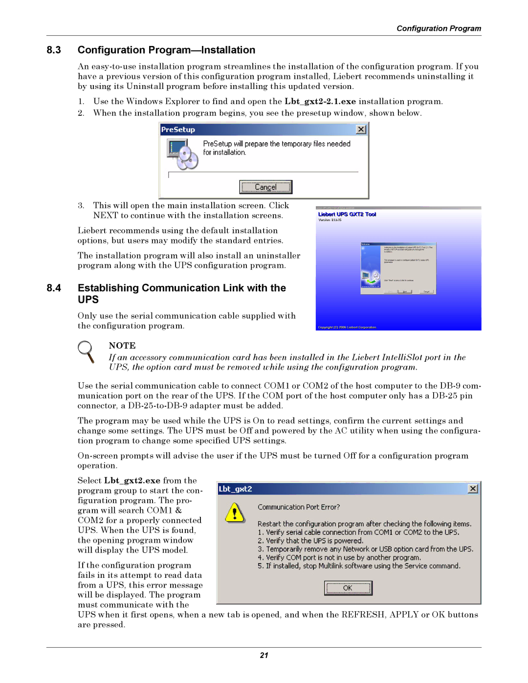 Emerson GXT2-10000RT208 user manual Configuration Program-Installation, Establishing Communication Link with 