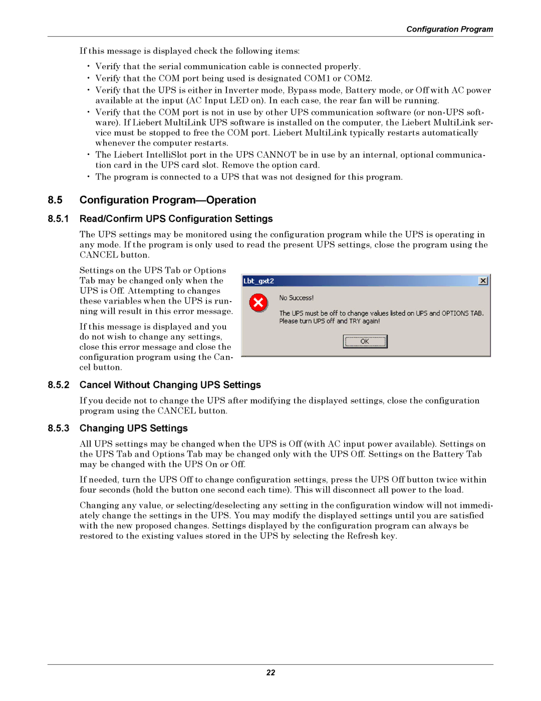 Emerson GXT2-10000RT208 Configuration Program-Operation, Read/Confirm UPS Configuration Settings, Changing UPS Settings 