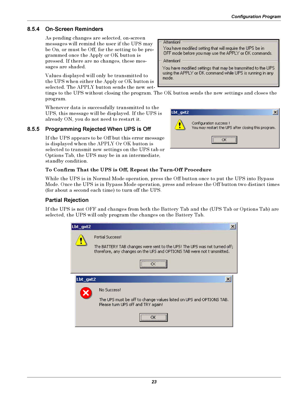 Emerson GXT2-10000RT208 user manual On-Screen Reminders, Programming Rejected When UPS is Off, Partial Rejection 