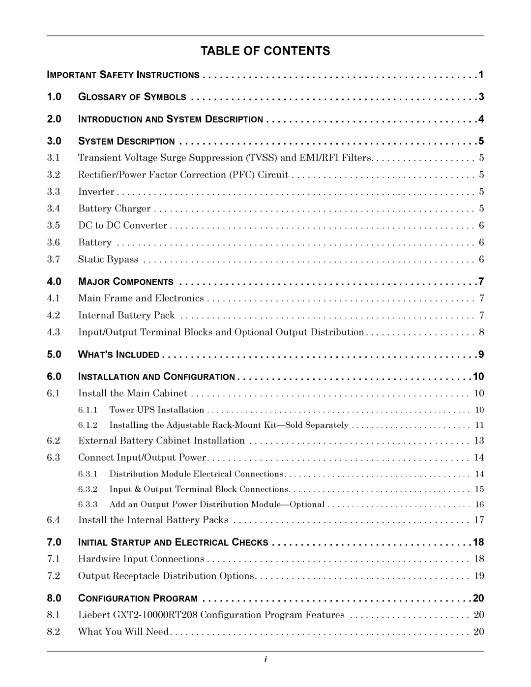 Emerson GXT2-10000RT208 user manual Table of Contents 