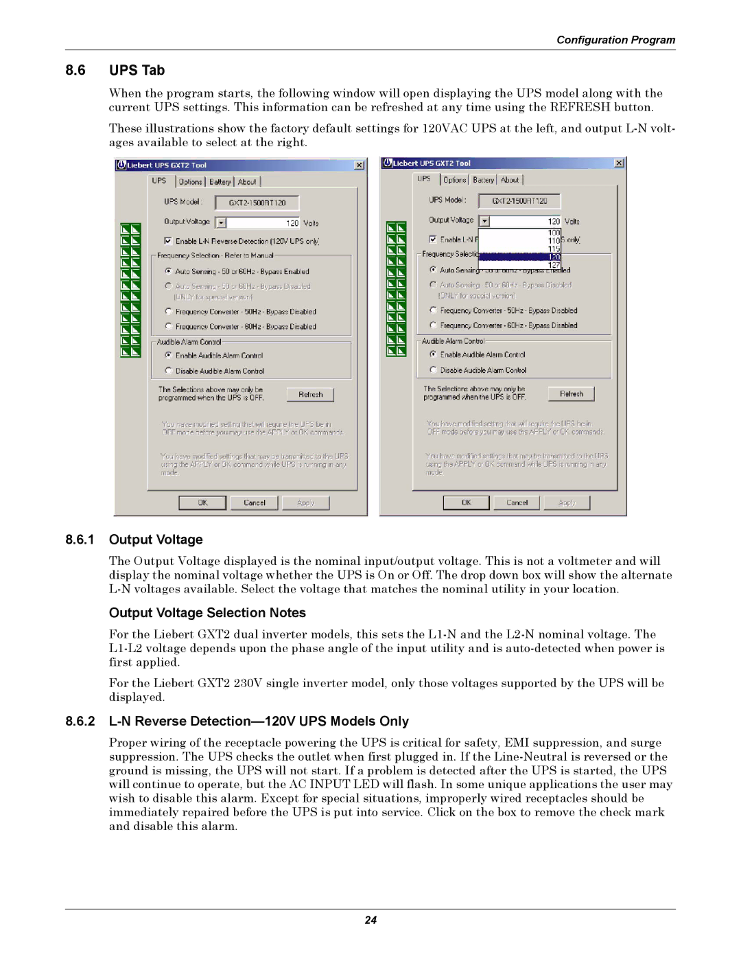 Emerson GXT2-10000RT208 user manual UPS Tab, Output Voltage Selection Notes, N Reverse Detection-120V UPS Models Only 