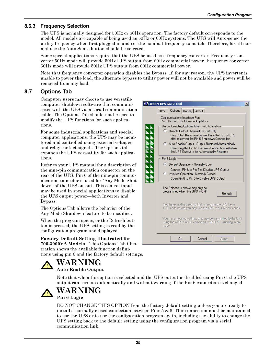 Emerson GXT2-10000RT208 user manual Options Tab, Frequency Selection 