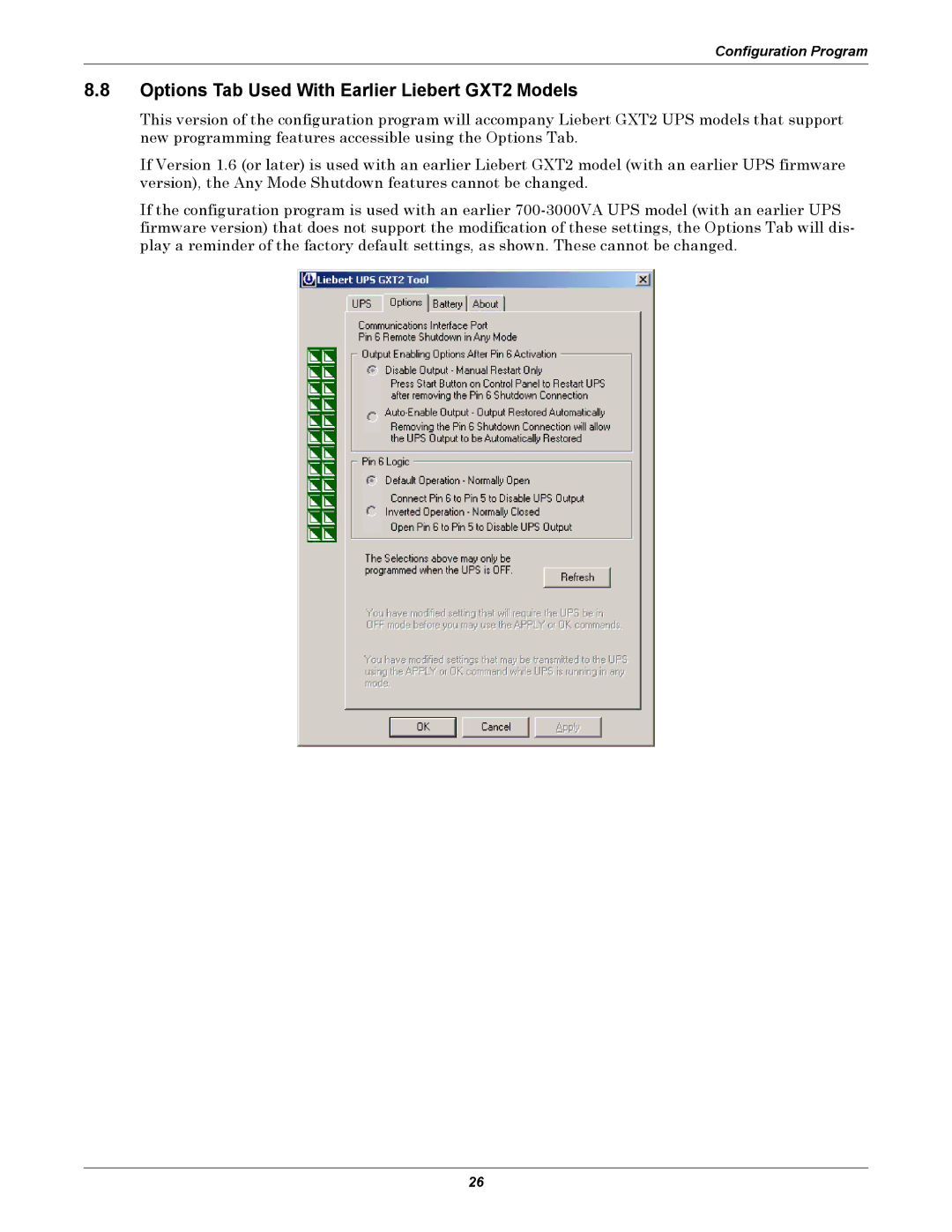 Emerson GXT2-10000RT208 user manual Options Tab Used With Earlier Liebert GXT2 Models 