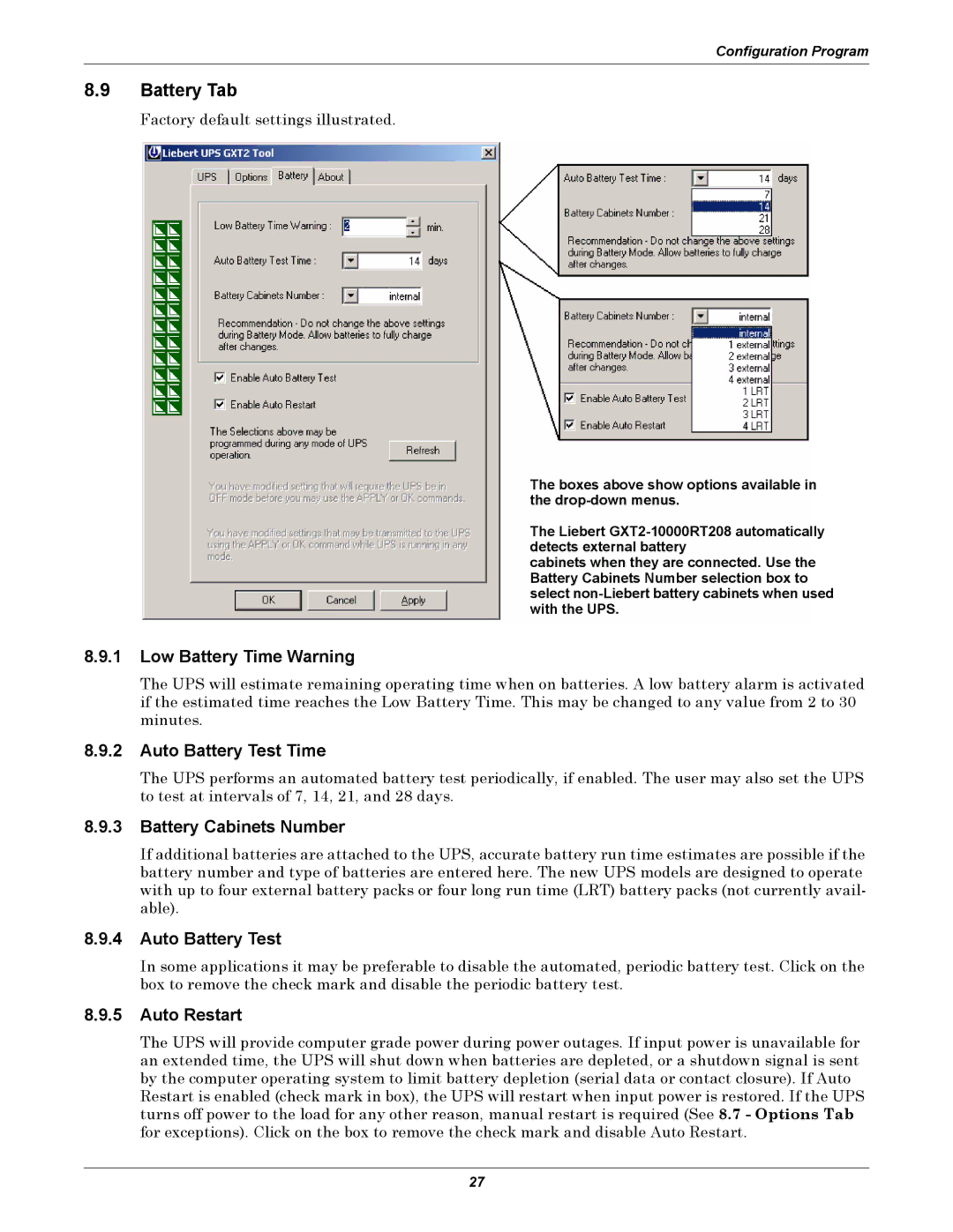 Emerson GXT2-10000RT208 user manual Battery Tab, Low Battery Time Warning, Auto Battery Test Time, Battery Cabinets Number 