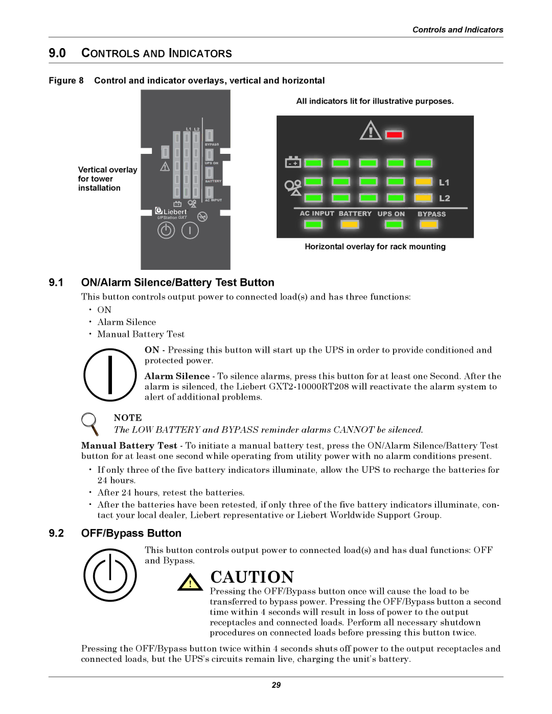 Emerson GXT2-10000RT208 user manual ON/Alarm Silence/Battery Test Button, OFF/Bypass Button, Controls and Indicators 