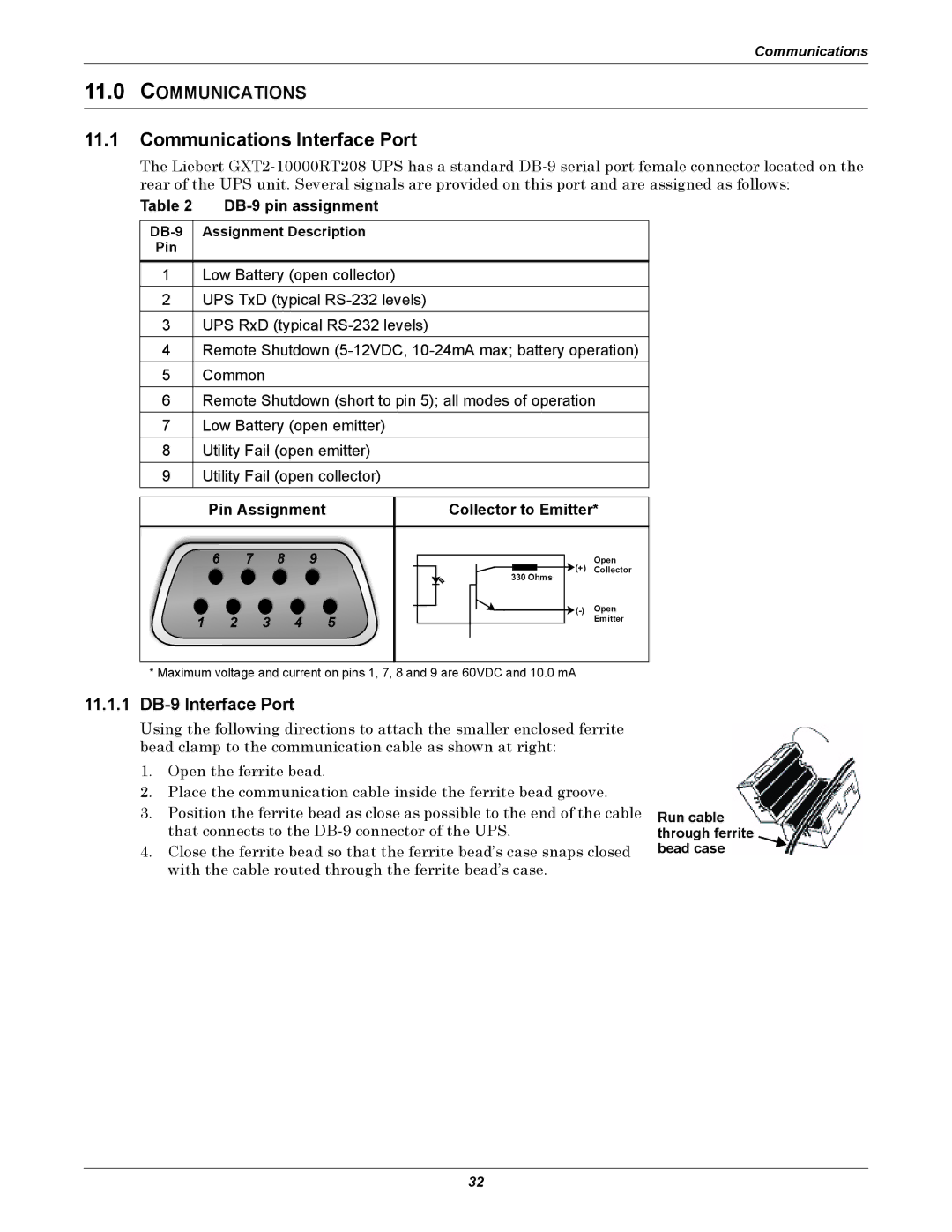 Emerson GXT2-10000RT208 user manual Communications Interface Port, 11.1.1 DB-9 Interface Port, DB-9 pin assignment 